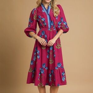 NWT Umgee Floral Midi Dress with Ruffle Trim and Elastic Waist